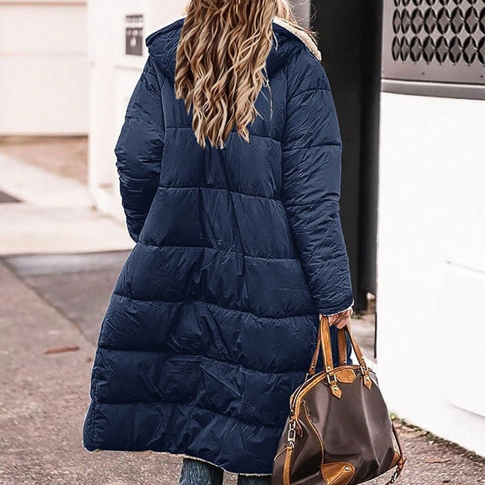 Navy Blue Casual Women's Reversible Hooded Mid-Length Thick Padded Jacket - Picture 2 of 6